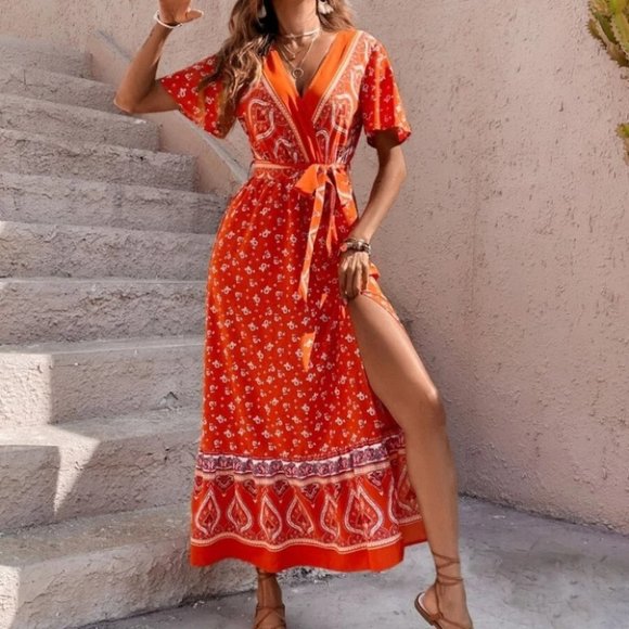 Paisley Floral Butterfly Sleeve Split Thigh Belted Maxi Dress ORANGE - Picture 3 of 8